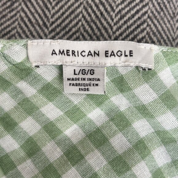 American Eagle 2 Piece Crop Top Flowy Pants Large Green Lined Gingham Hippie - Picture 5 of 16